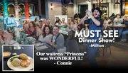 The image features a group of people dressed in 1920s-style attire enjoying a dinner show, with text reviews praising the performance and service, alongside an inset of rolled pasta with sauce.