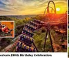 The image showcases a vibrant theme park scene with a roller coaster ride various attractions and a sign celebrating Americas 250th birthday featuring Thunderation - The Final Season