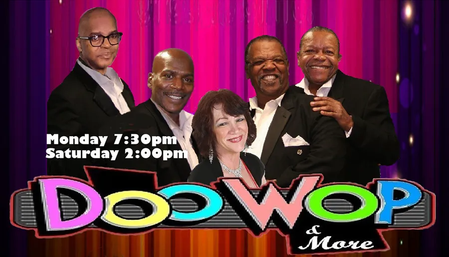 The image is a promotional poster featuring a group of five people, likely singers or performers, with a colorful 'DooWop & More' logo and showtimes indicating performances on Mondays and Saturdays.