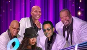 This is a digitally altered image featuring a montage of various people, seemingly performers, with a backdrop of purple stage curtains and spotlights.