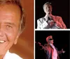 The image is a collage of five photographs showing a smiling man in various outfits including a white shirt a patterned jacket sunglasses and performing on stage with a microphone