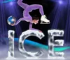The image features an artistic representation of an ice skater in a contorted backflip pose holding the globe with sparkles and a cosmic background superimposed over a stylized text that reads ICE