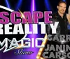This image is a promotional poster for the Escape Reality Magic Show featuring performers Garry and Janine Carson with a glamorized design that includes bright lights and vibrant colors