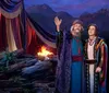 The image depicts two characters likely from a biblical or historical setting in colorful robes looking skyward with a campfire and dramatic mountainous landscape in the background