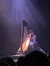 A musician is silhouetted by a beam of light as they play the harp on stage in front of an audience.