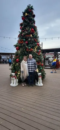 A couple stands happily in front of a large, decorated Christmas tree on a wooden deck with festive polar bear statues.