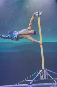 An acrobat is performing a horizontal hold on a vertical pole against a starry background.