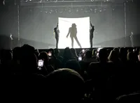 An audience is watching a stage performance where a silhouetted figure is highlighted behind a backlit screen with people capturing the moment on their phones.