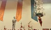 The image features a room with colorful draped banners, a knight statue, decorative reindeer, festive red ornaments, and a chandelier.