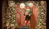 A festive window display featuring a person dressed as an elf holding a gift, surrounded by Christmas trees, lights, and large snowflakes.