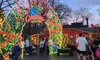 A festive arch decorated with colorful Christmas lights stands in a lively, bustling area as people walk beneath it.