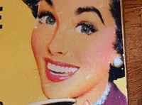 A retro-style poster features a cheerful woman holding a coffee cup, with humorous text suggesting that coffee helps you 