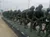 The image depicts a line of green soldier statues marching in formation along a sidewalk, under a cloudy sky.