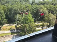 The image shows two people zip-lining over a lush green forest, as viewed from a window reflecting the interior.
