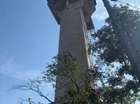 The image shows a tall observation tower with a hexagonal viewing platform, surrounded by trees and set against a clear blue sky.