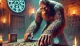 A large, furry creature is examining a mystical board game in a dimly lit, ancient-looking room with magical symbols on the wall.