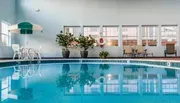 The image shows an indoor swimming pool with patio furniture and potted plants creating a serene, leisurely ambiance.