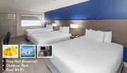 The image shows a modern hotel room with three beds, a blue accent wall, and amenities including free hot breakfast, an outdoor pool, and free Wi-Fi.