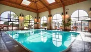 This image features an indoor swimming pool with a vaulted ceiling, large arched windows, and multiple seating areas.
