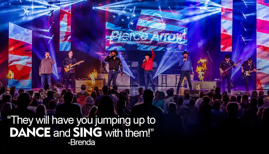 A band is performing energetically on stage with colorful lights, American flag imagery, and a cheering crowd, alongside a quote praising their ability to make the audience dance and sing.