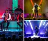 Four men are performing on stage during a Christmas show with colorful lights and festive decorations in the background