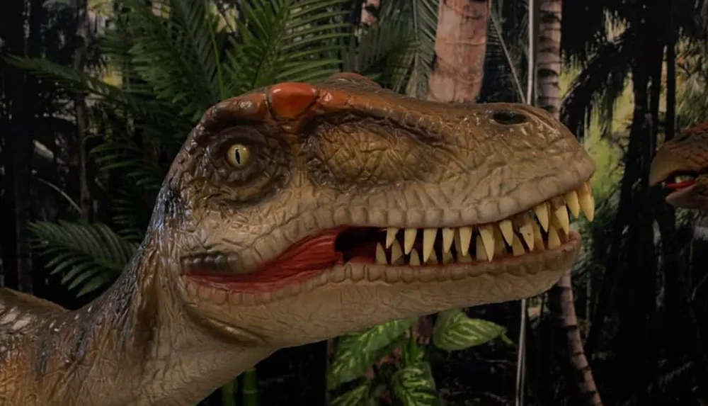 This image shows a close-up of a model or sculpture of a Tyrannosaurus rex head with sharp teeth placed in a setting that imitates a prehistoric jungle-like environment