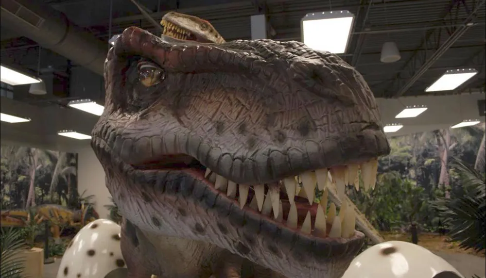 The image shows a close-up of a realistically detailed Tyrannosaurus rex head likely part of a dinosaur model or exhibit set indoors with a jungle-themed backdrop