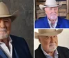 The image shows a smiling man with a white mustache and beard wearing a cowboy hat and a blue blazer with a rustic wooden background