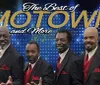 The image features four sharply-dressed men in suits with red accents posing for The Best of MOTOWN and More graphic backdrop with musical motifs