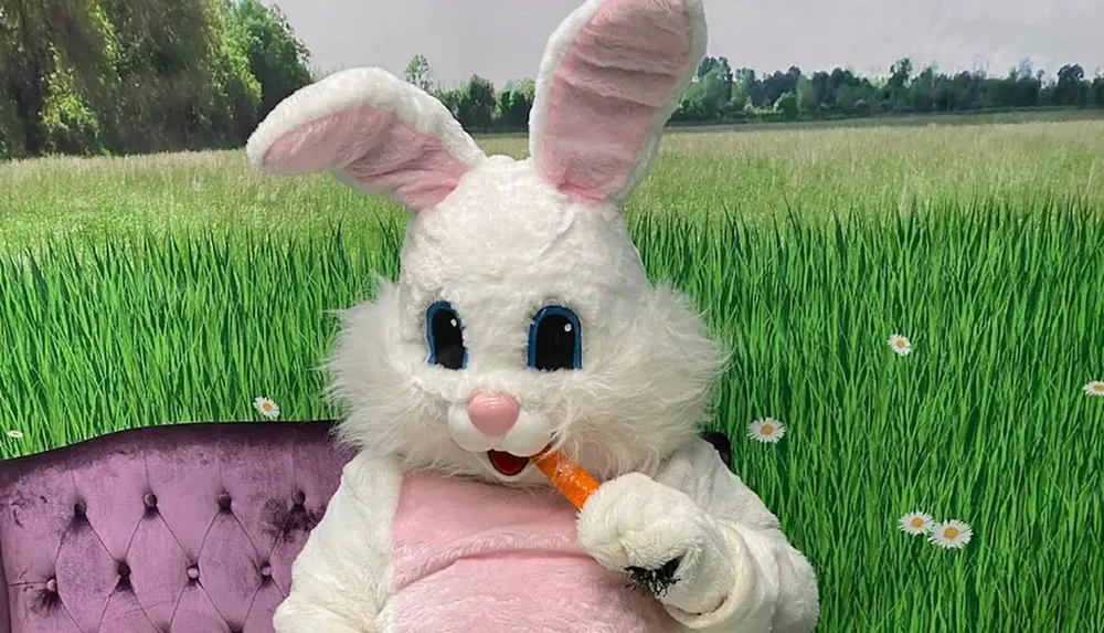 A person in a fluffy white rabbit costume is sitting on a purple couch against a scenic backdrop holding a carrot