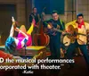 The image shows a lively scene with performers dressed in 1950s attire playing guitars and a double bass on stage while a person wearing vibrant clothing is upside down with legs in the air in front and theres a superimposed picture of a plate of food featuring what appears to be meat vegetables and bread