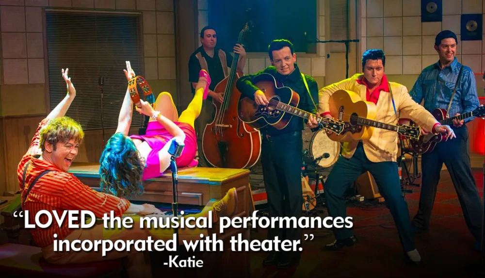 The image shows a lively scene with performers dressed in 1950s attire playing guitars and a double bass on stage while a person wearing vibrant clothing is upside down with legs in the air in front and theres a superimposed picture of a plate of food featuring what appears to be meat vegetables and bread