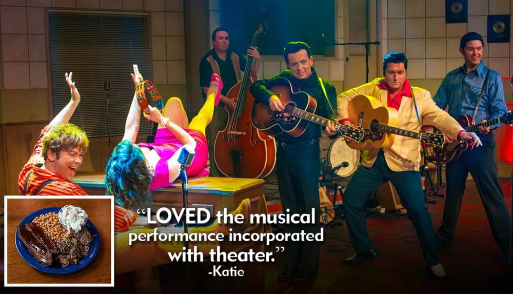 The image shows a lively scene with performers dressed in 1950s attire playing guitars and a double bass on stage while a person wearing vibrant clothing is upside down with legs in the air in front and theres a superimposed picture of a plate of food featuring what appears to be meat vegetables and bread