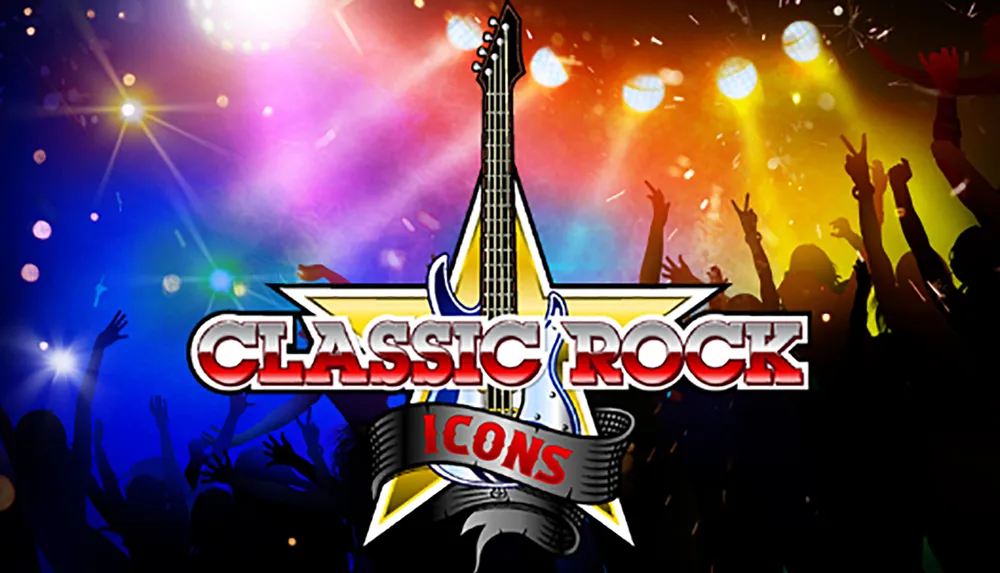 The image conveys a vibrant classic rock concert vibe with a guitar graphic the words Classic Rock ICONS and silhouettes of a cheering crowd illuminated by colorful stage lights