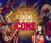 This image features a collage of musicians performing with the title Classic Rock Icons in bold letters at the center
