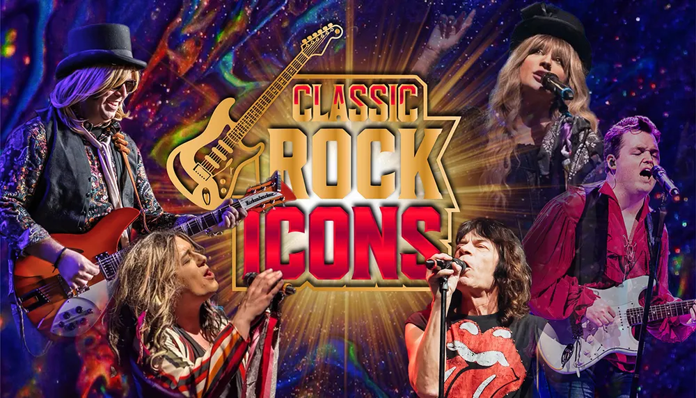 This image features a collage of musicians performing with the title Classic Rock Icons in bold letters at the center