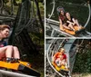 Two people are laughing joyfully while riding a mountain coaster