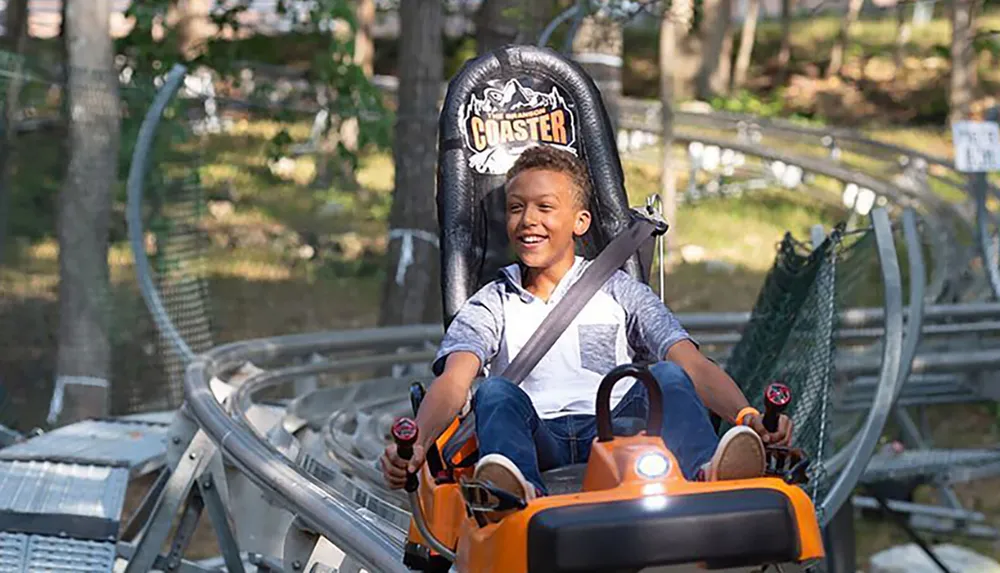 A joyful child is riding a mountain coaster amidst a forested area displaying an expression of excitement and happiness
