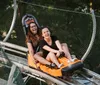 Two people are laughing joyfully while riding a mountain coaster