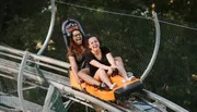 Two people are laughing joyfully while riding a mountain coaster.