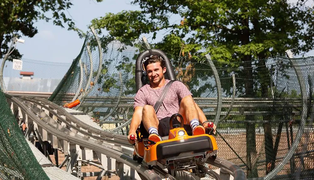 A person is smiling while riding on an alpine coaster on a sunny day