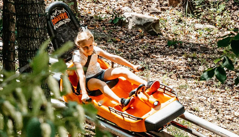 A child is enjoying a ride in an orange mountain coaster among the trees
