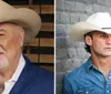 A man with a white mustache and beard is wearing a large white cowboy hat and a blue jacket posing in front of a wooden background