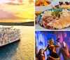 A large multi-story riverboat decorated with banners sails on a peaceful lake at sunset with an inset image showcasing a meal of roast mashed potatoes vegetables and dessert