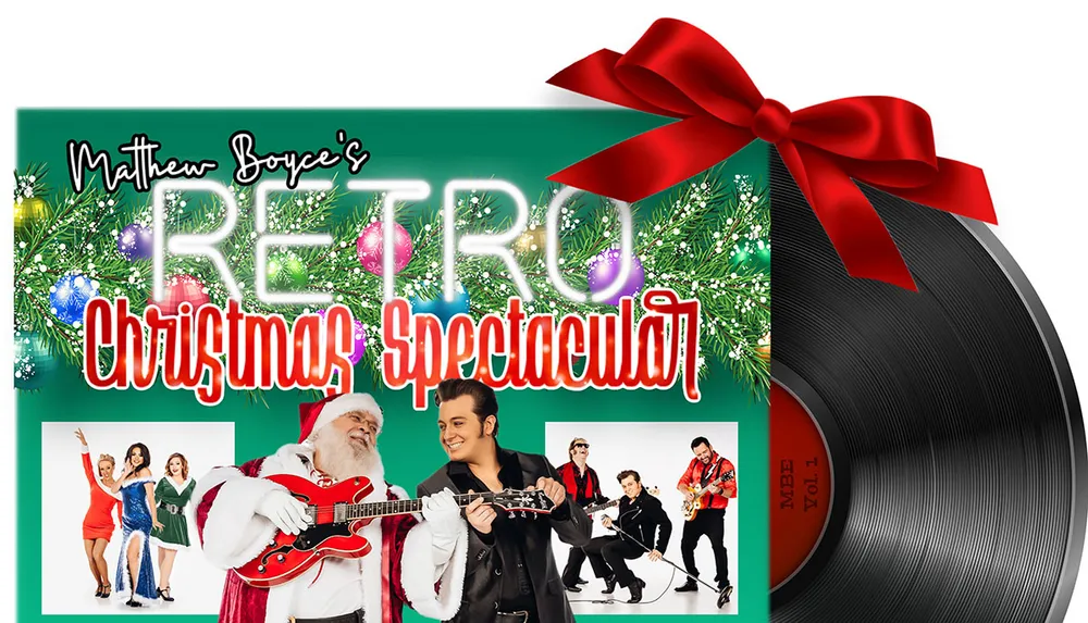 The image is a festive graphic design of a Christmas-themed album or show called Matthew Boyces Retro Christmas Spectacular featuring a cheerful Santa playing guitar a group of dancers and musicians superimposed next to a stylized vinyl record with a red bow