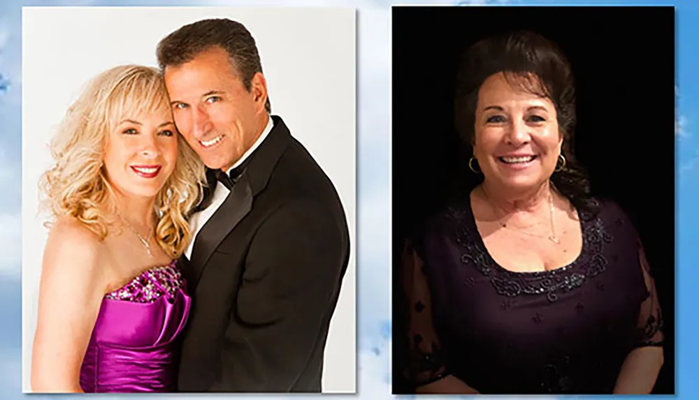 The image is a composite with two separate photos on the left a man in a black suit is embracing a woman in a purple dress and on the right theres a solo portrait of a woman smiling in a dark embroidered dress