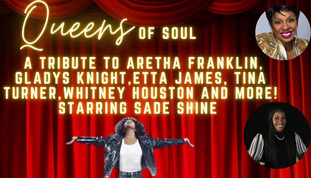 The image is a promotional poster for Queens of Soul a tribute show to famous soul musicians starring Sade Shine