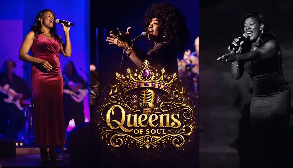 The image showcases three soulful singers with the central text Queens of Soul in a decorative golden font