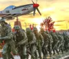 The image depicts a powerful sculpture installation featuring a group of soldier statues in historical military gear advancing beneath a vintage fighter aircraft against a vividly colored sunset sky