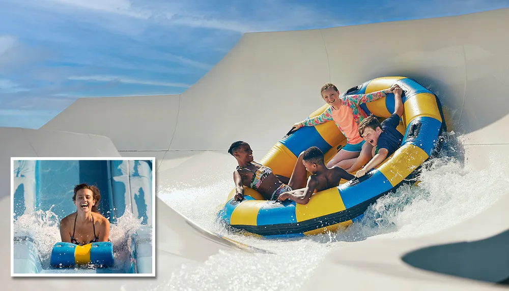 A group of people are enjoying a ride on an inflatable raft down a water slide with an inset showing a person smiling on a single-person tube